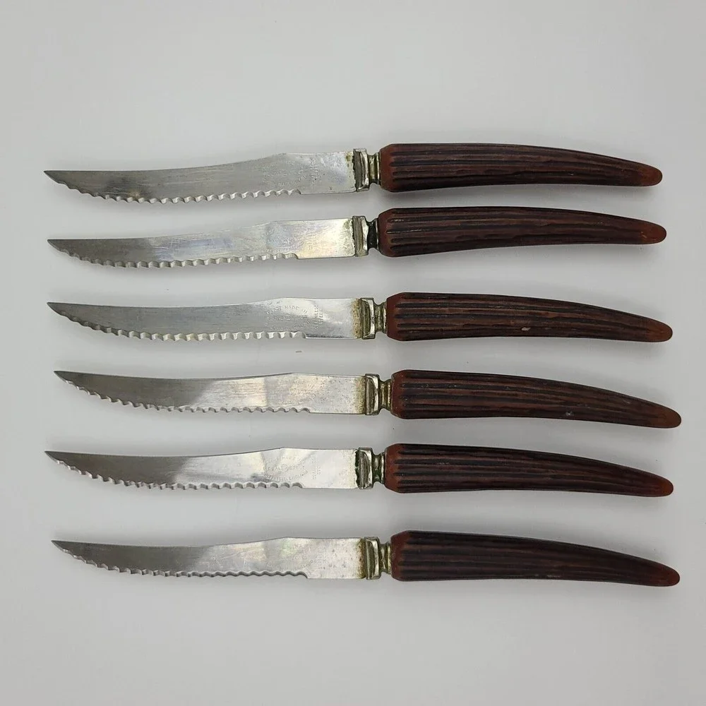6 Vtg Regal Crest Steak Knives Sheffield England Stag Type Handles Stainless